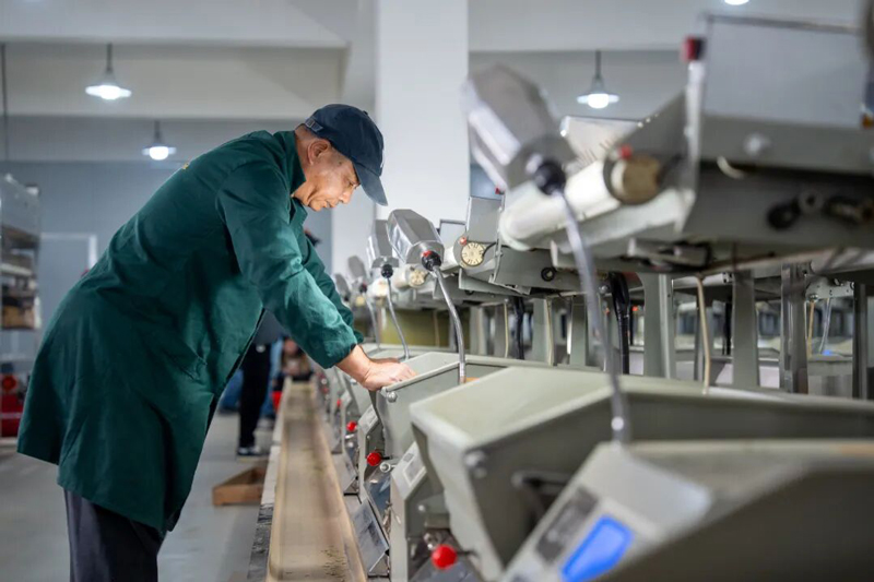 工人们正忙碌地操作着各种制茶设备